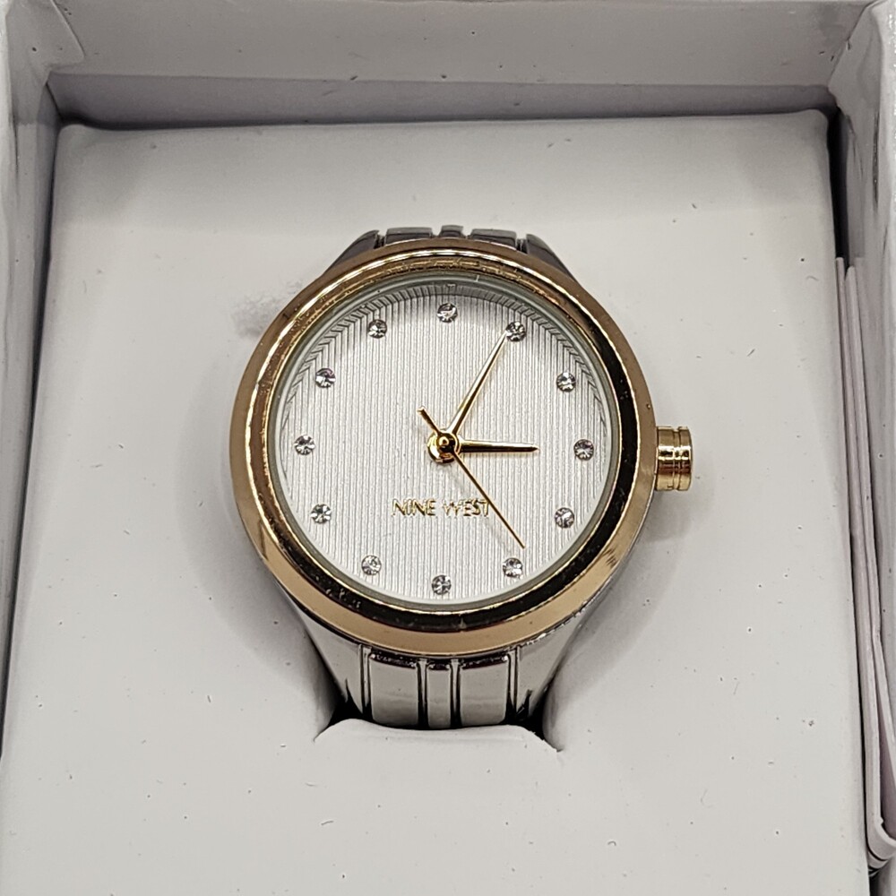 Nine West Genuine Crystal Accented Two Tone Round Face Expansion Band Ring Watch